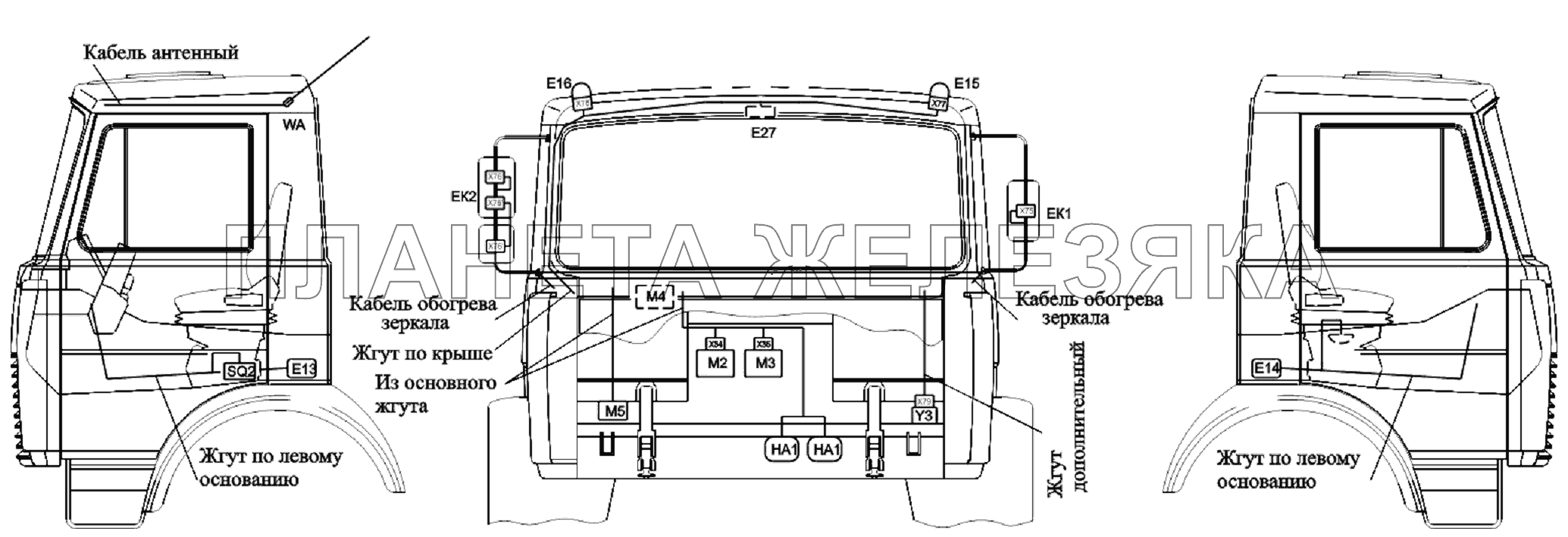 Расположение разъемов и элементов электрооборудования на малой кабине МАЗ-6303A3, 6303A5